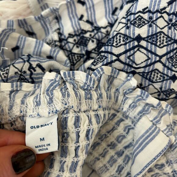 Old Navy NWT Blue White Stripe Boho Embroidered Smocked Tie Tassel Blouse Sz M - Picture 8 of 9